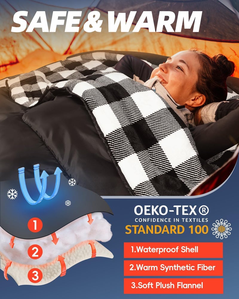 Mereza Flannel Double Sleeping Bag for Adults Cold Weather, XL Queen Size Sleeping Bag for All Season 2 Person Big and Tall Sleeping Bags for Camping 0 Degree with Pillow - Image 3